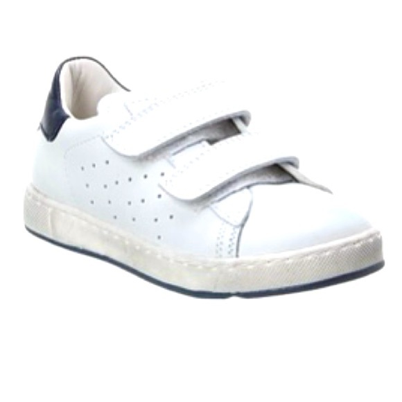 Naturino Sz 34 Hasselt 2 White and Blue Velcro Leather Sneaker NEVER WORN - Picture 1 of 8